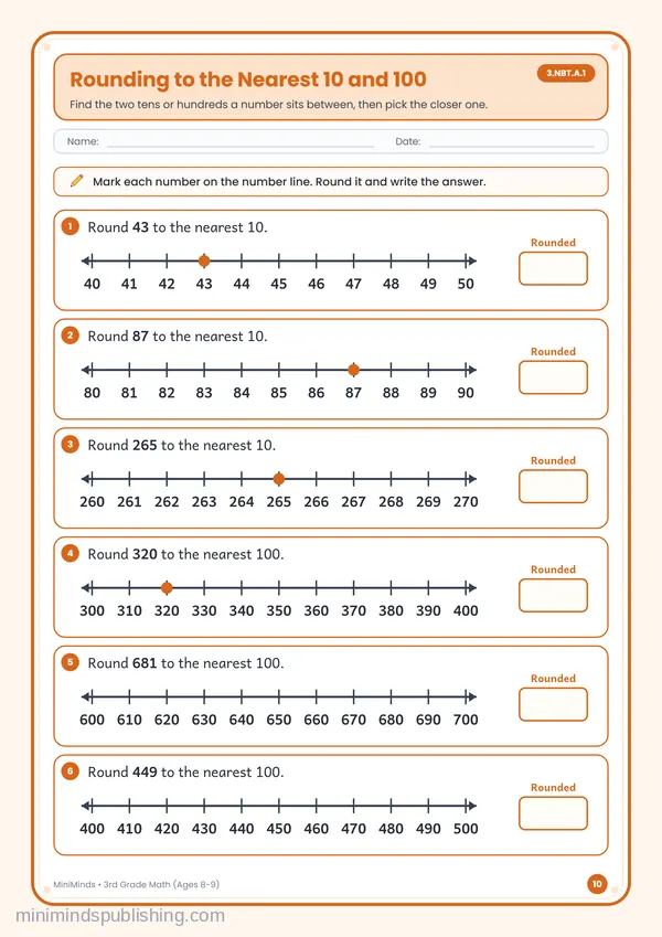 Rounding to the Nearest 10 and 100 — free printable 3rd Grade worksheet