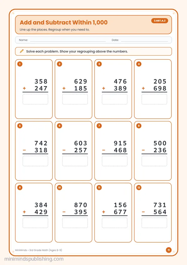 Add and Subtract Within 1,000 — free printable 3rd Grade worksheet