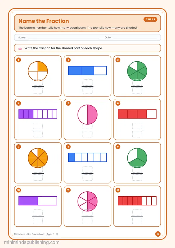 Name the Fraction — free printable 3rd Grade worksheet
