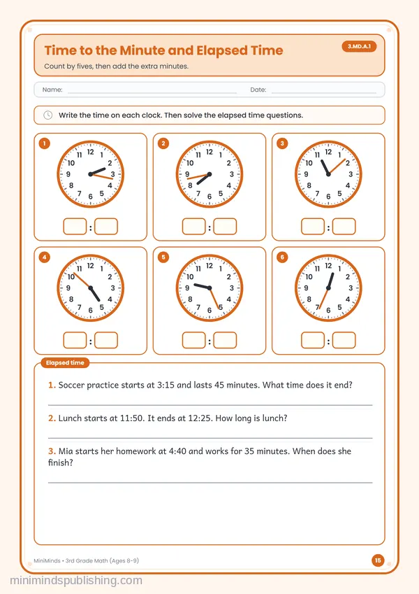 Time to the Minute and Elapsed Time — free printable 3rd Grade worksheet