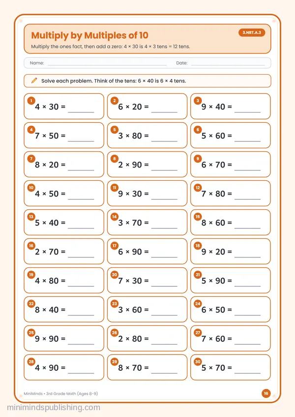 Multiply by Multiples of 10 — free printable 3rd Grade worksheet