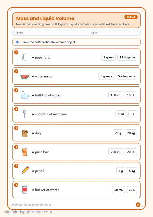 Mass and Liquid Volume — free printable 3rd Grade worksheet