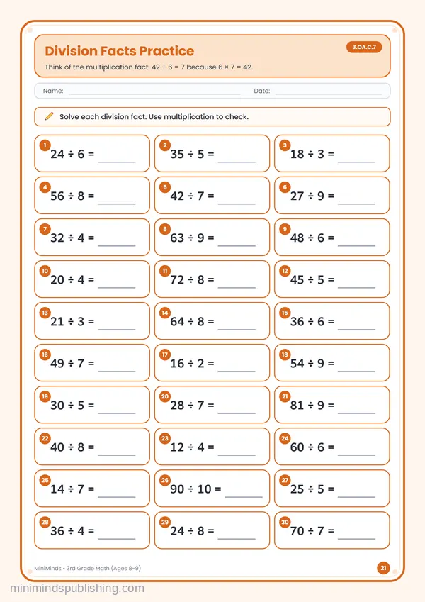 Division Facts Practice — free printable 3rd Grade worksheet