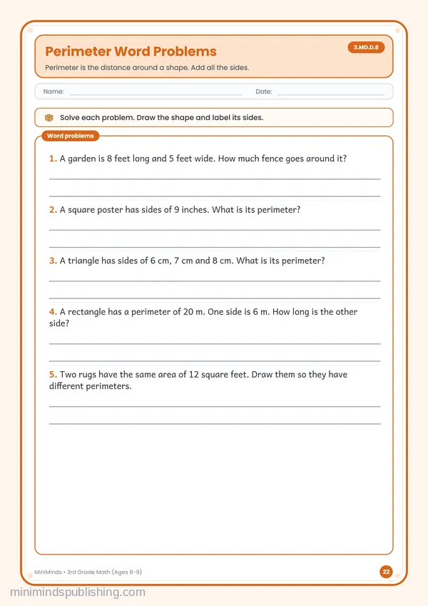 Perimeter Word Problems — free printable 3rd Grade worksheet