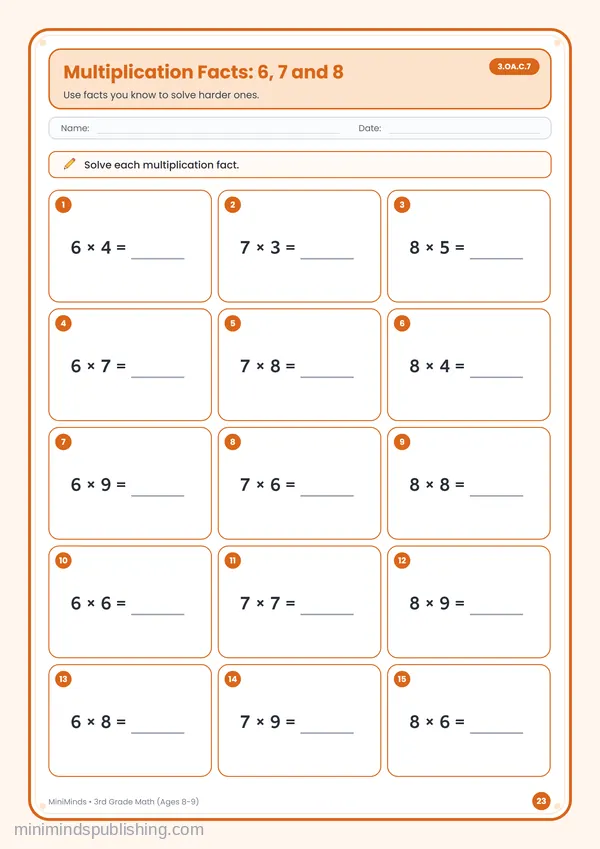 Multiplication Facts: 6, 7 and 8 — free printable 3rd Grade worksheet