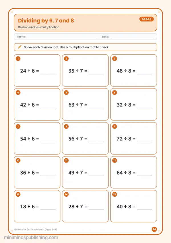 Dividing by 6, 7 and 8 — free printable 3rd Grade worksheet
