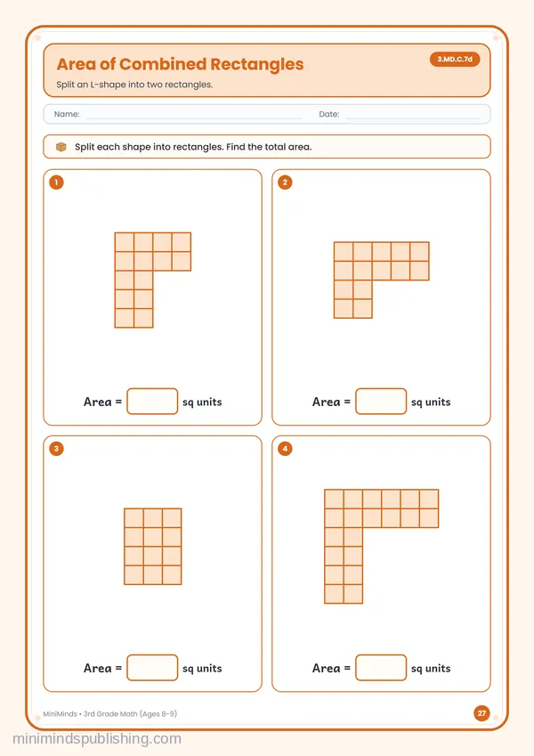 Area of Combined Rectangles — free printable 3rd Grade worksheet