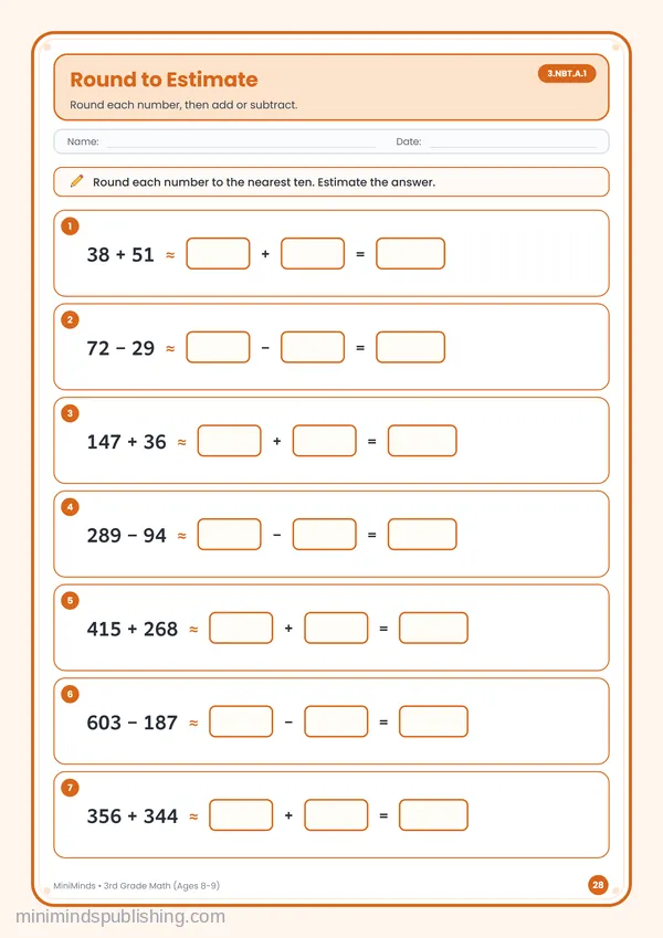 Round to Estimate — free printable 3rd Grade worksheet