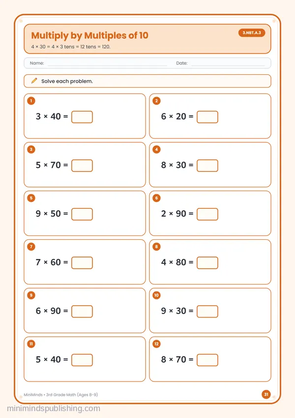 Multiply by Multiples of 10 — free printable 3rd Grade worksheet
