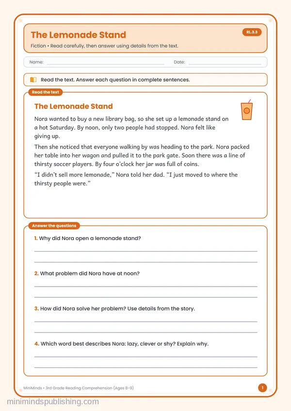 The Lemonade Stand — free printable 3rd Grade worksheet