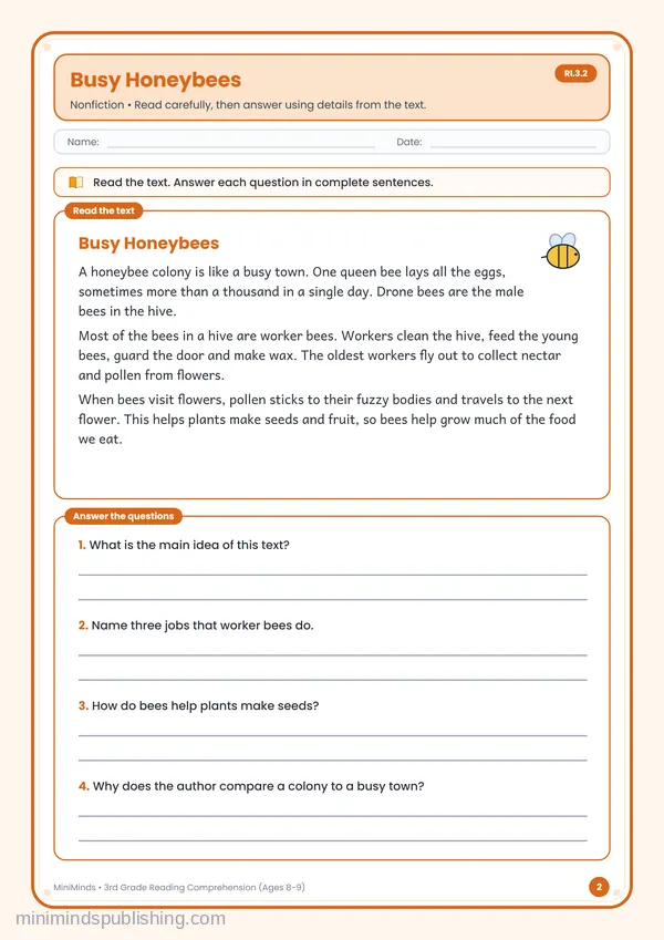 Busy Honeybees — free printable 3rd Grade worksheet