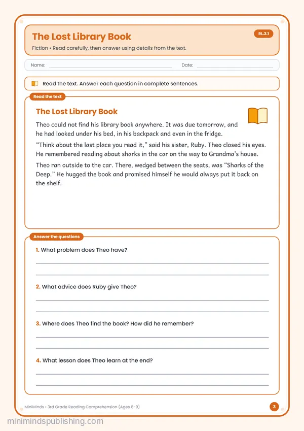 The Lost Library Book — free printable 3rd Grade worksheet