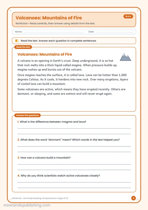 Volcanoes: Mountains of Fire — free printable 3rd Grade worksheet