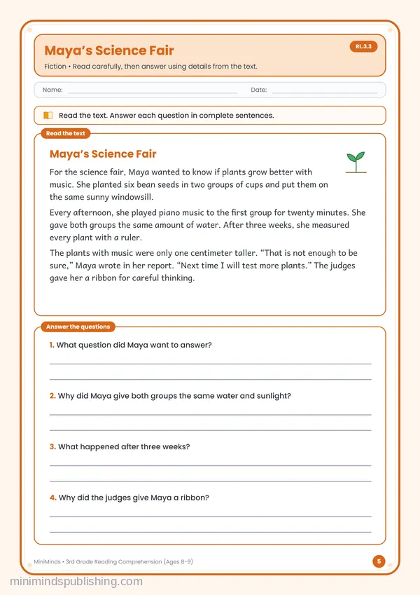 Maya’s Science Fair — free printable 3rd Grade worksheet