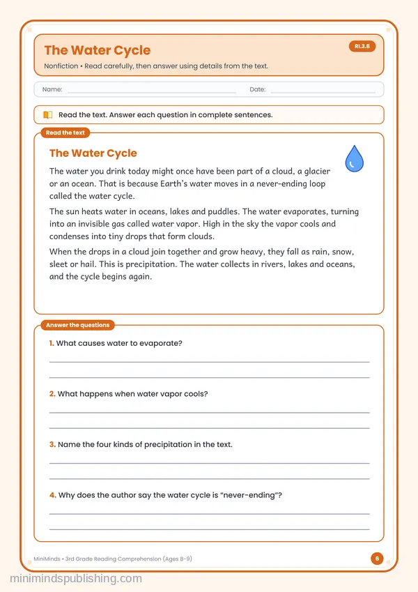 The Water Cycle — free printable 3rd Grade worksheet