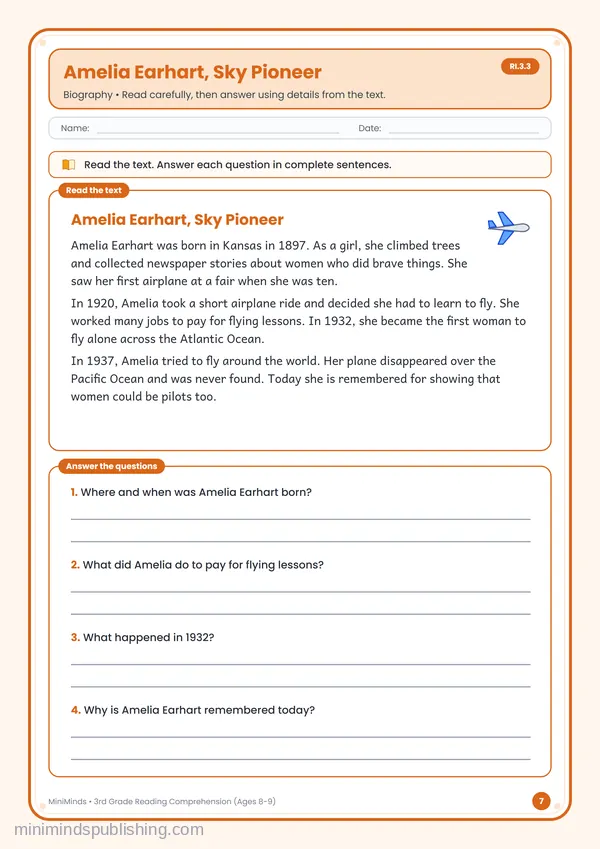 Amelia Earhart, Sky Pioneer — free printable 3rd Grade worksheet