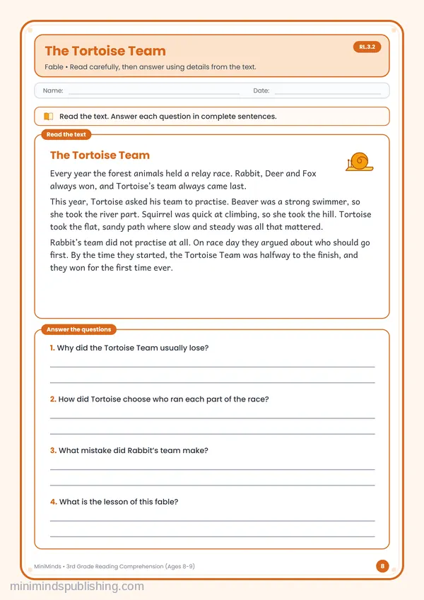 The Tortoise Team — free printable 3rd Grade worksheet