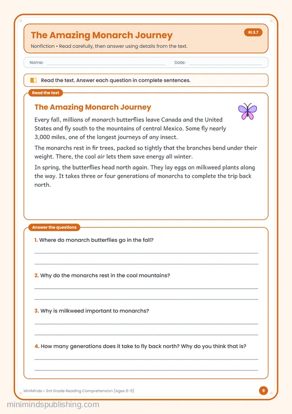 The Amazing Monarch Journey — free printable 3rd Grade worksheet