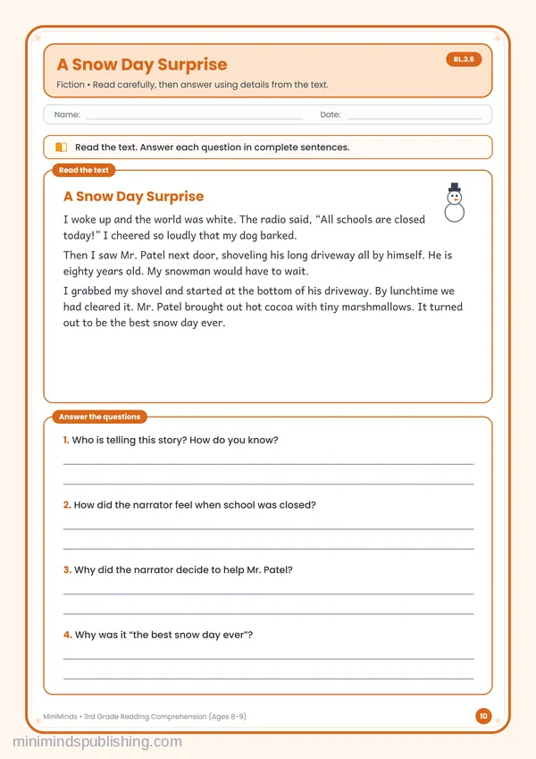 A Snow Day Surprise — free printable 3rd Grade worksheet