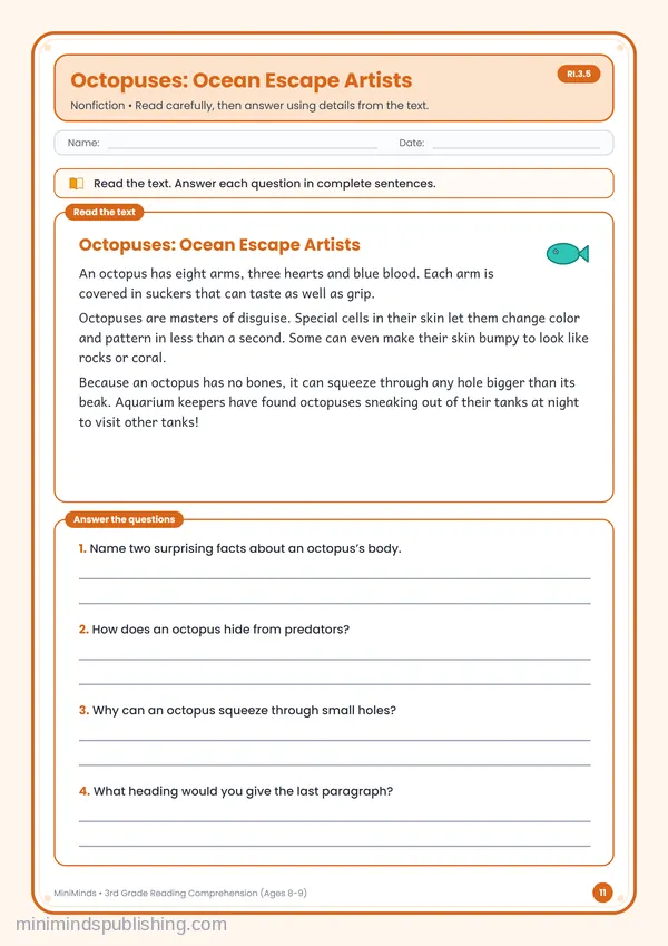 Octopuses: Ocean Escape Artists — free printable 3rd Grade worksheet