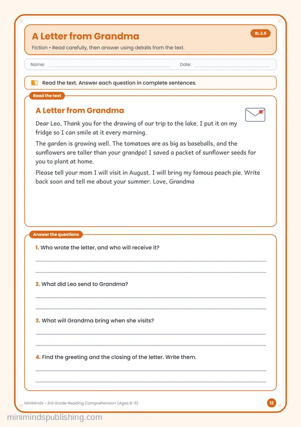 A Letter from Grandma — free printable 3rd Grade worksheet