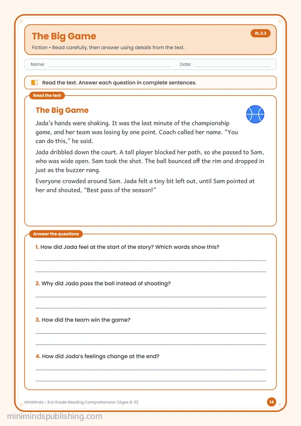 The Big Game — free printable 3rd Grade worksheet