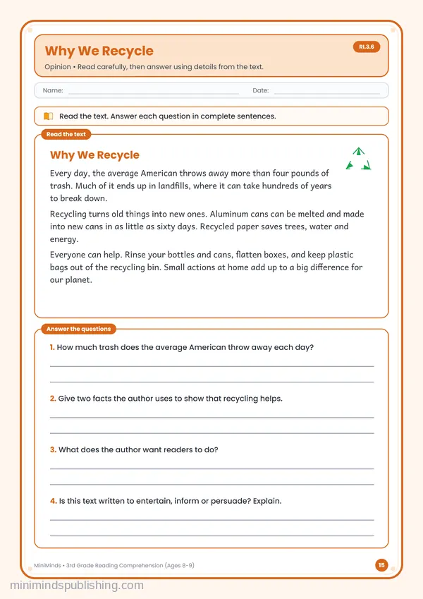 Why We Recycle — free printable 3rd Grade worksheet