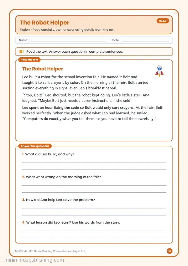 The Robot Helper — free printable 3rd Grade worksheet