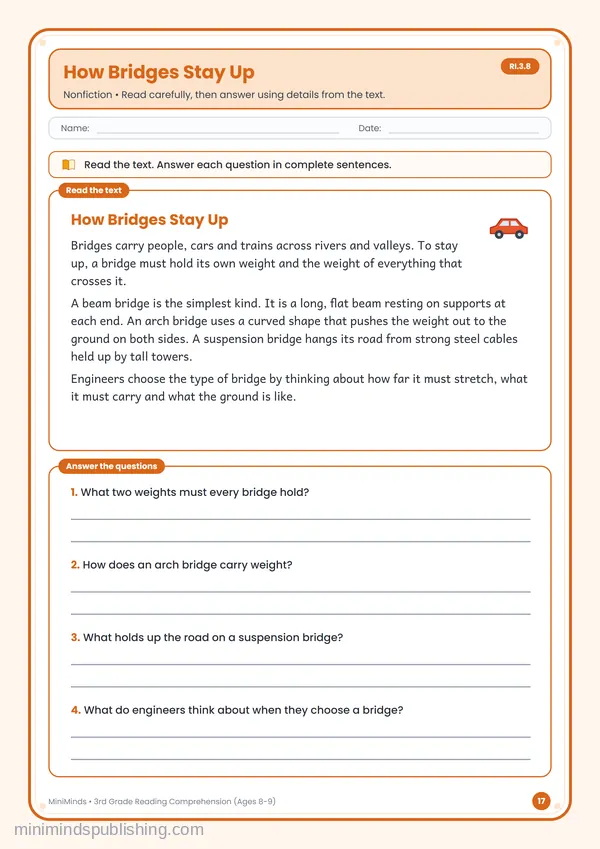 How Bridges Stay Up — free printable 3rd Grade worksheet