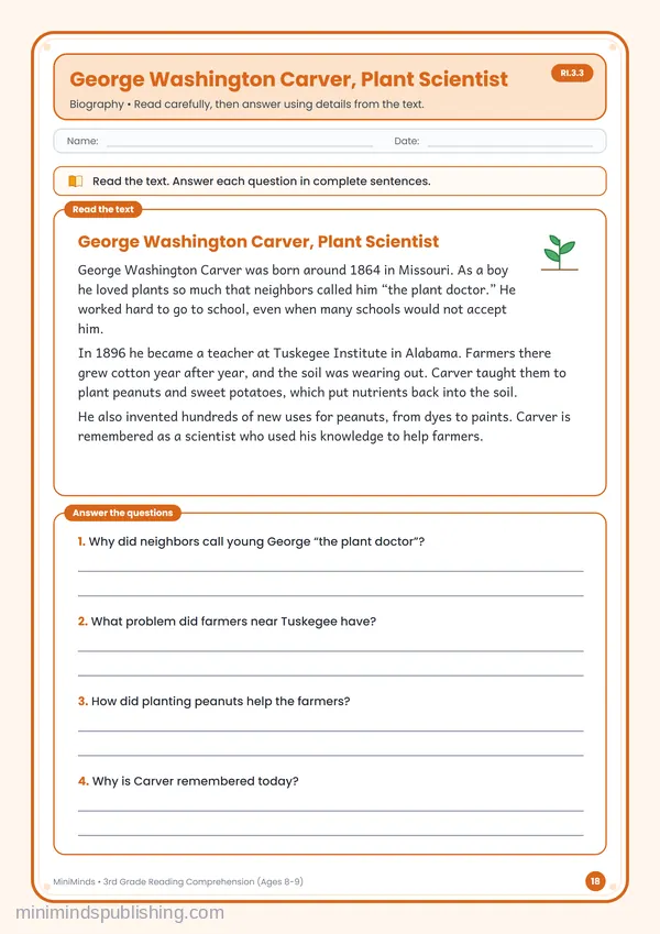 George Washington Carver, Plant Scientist — free printable 3rd Grade worksheet