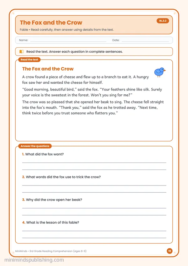 The Fox and the Crow — free printable 3rd Grade worksheet