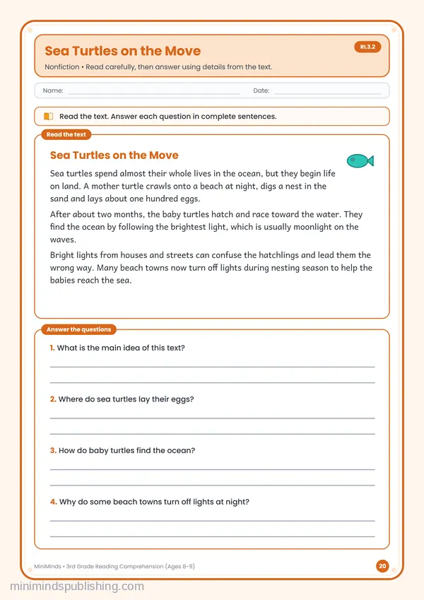 Sea Turtles on the Move — free printable 3rd Grade worksheet