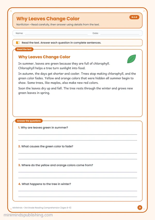 Why Leaves Change Color — free printable 3rd Grade worksheet