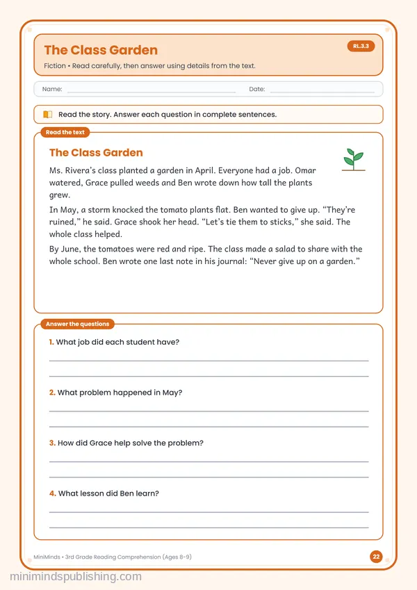 The Class Garden — free printable 3rd Grade worksheet