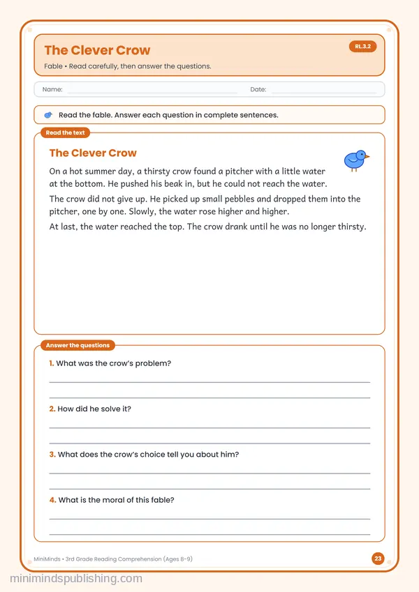 The Clever Crow — free printable 3rd Grade worksheet