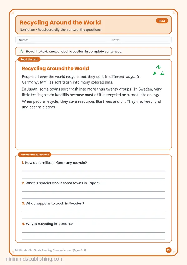 Recycling Around the World — free printable 3rd Grade worksheet