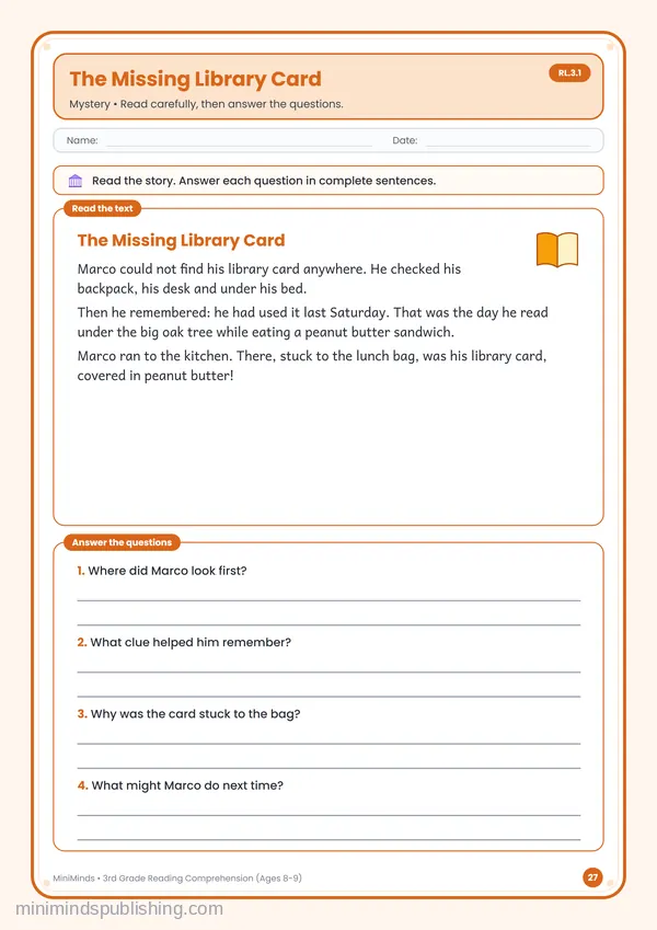 The Missing Library Card — free printable 3rd Grade worksheet