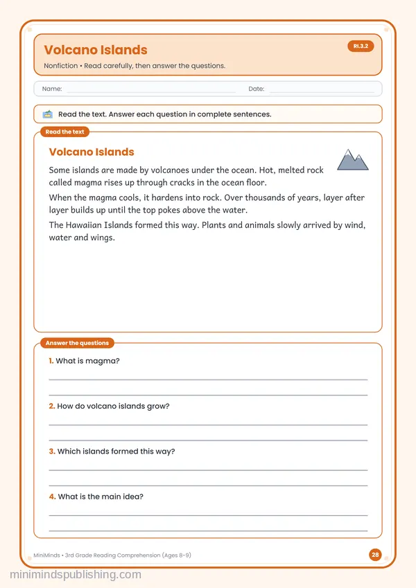 Volcano Islands — free printable 3rd Grade worksheet