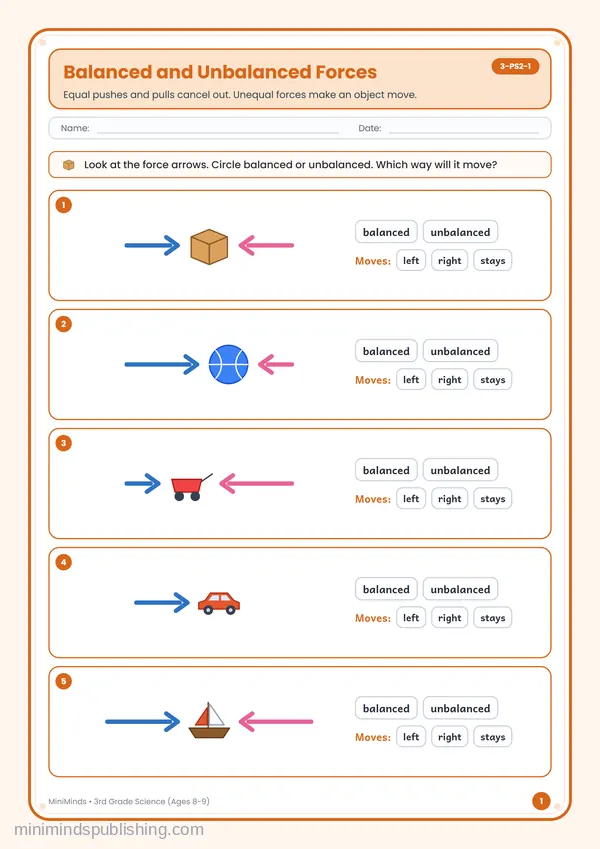 Balanced and Unbalanced Forces — free printable 3rd Grade worksheet