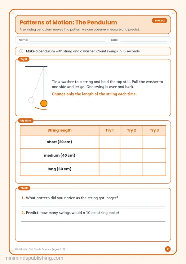 Patterns of Motion: The Pendulum — free printable 3rd Grade worksheet