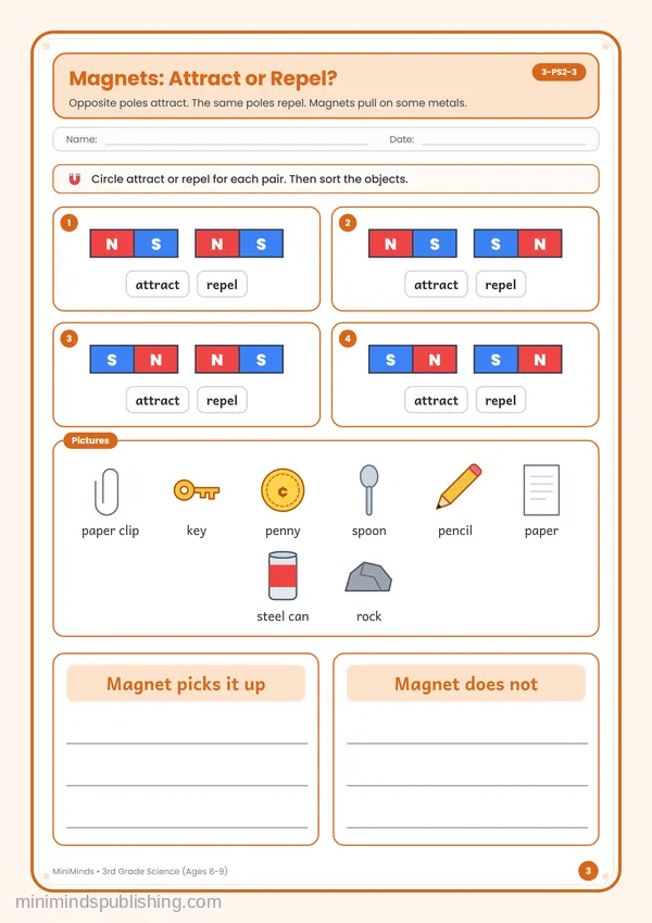 Magnets: Attract or Repel? — free printable 3rd Grade worksheet