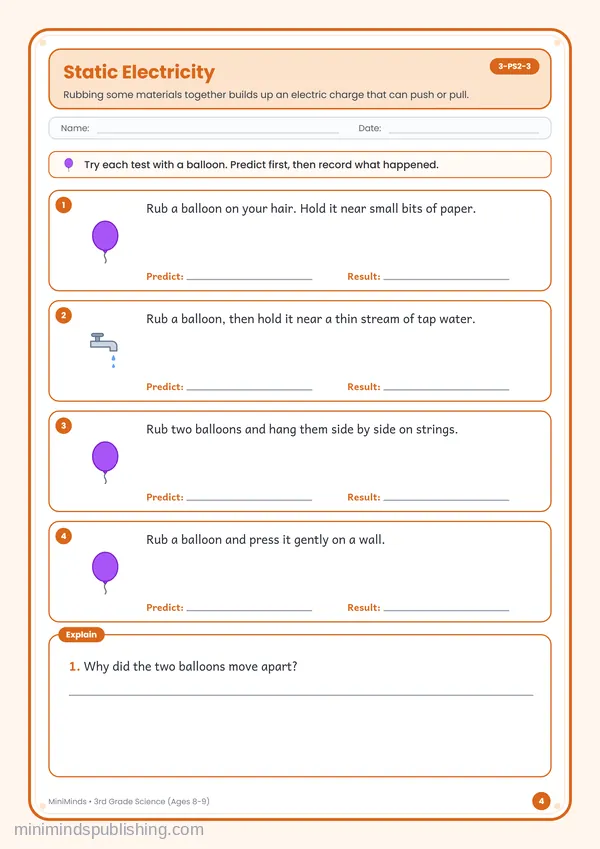 Static Electricity — free printable 3rd Grade worksheet