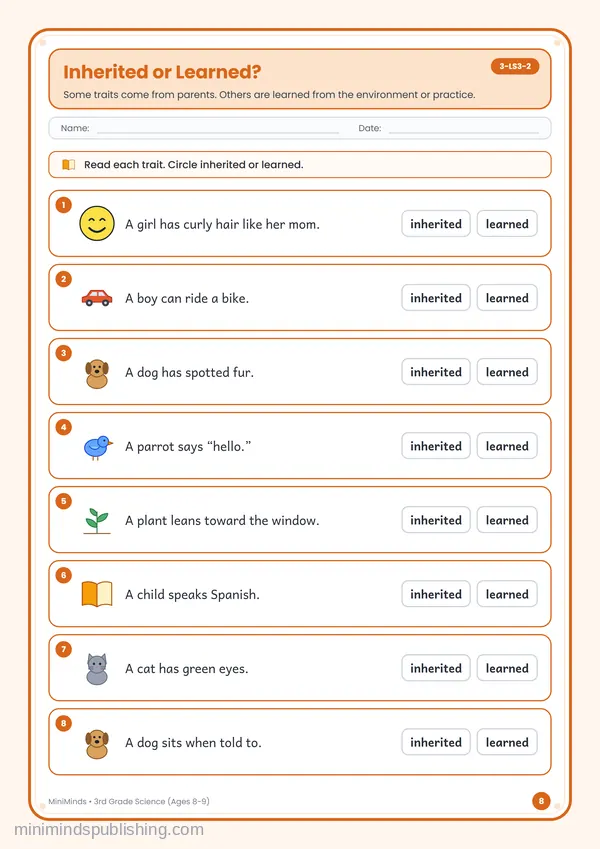 Inherited or Learned? — free printable 3rd Grade worksheet