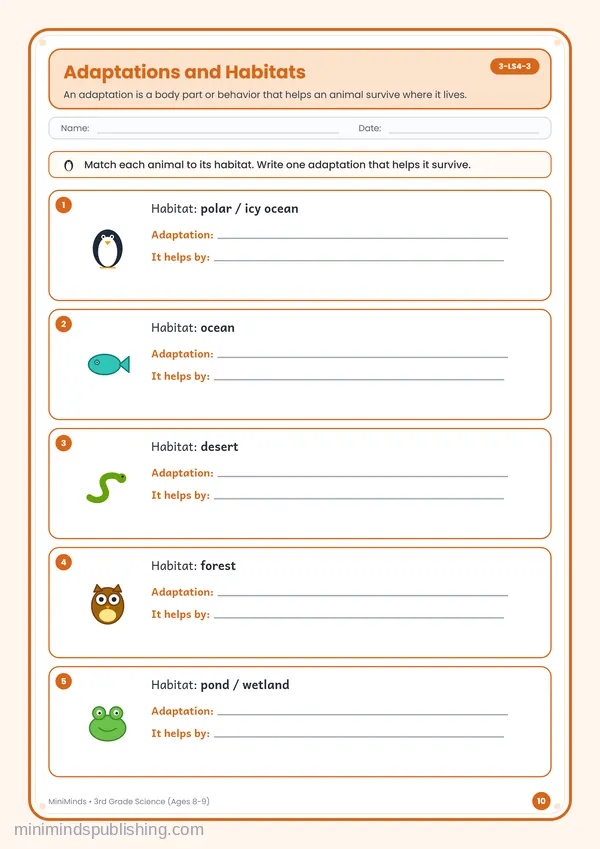 Adaptations and Habitats — free printable 3rd Grade worksheet