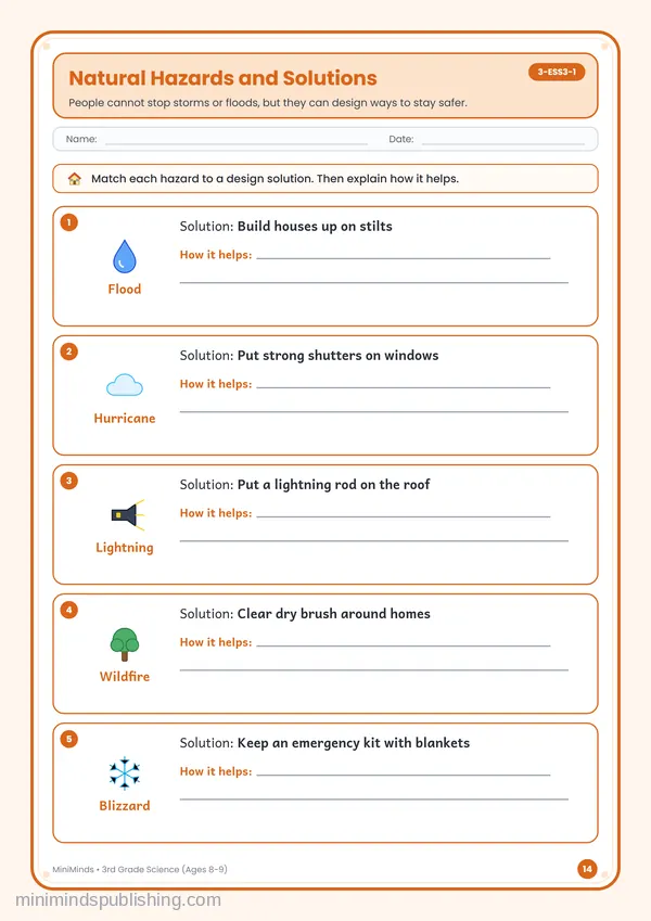 Natural Hazards and Solutions — free printable 3rd Grade worksheet