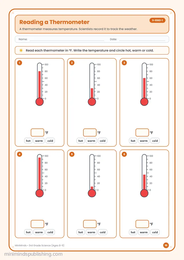 Reading a Thermometer — free printable 3rd Grade worksheet