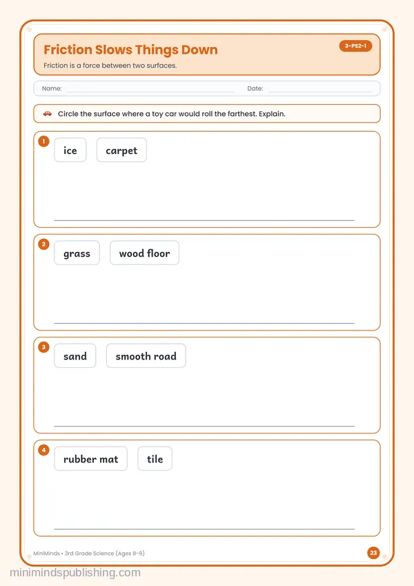 Friction Slows Things Down — free printable 3rd Grade worksheet