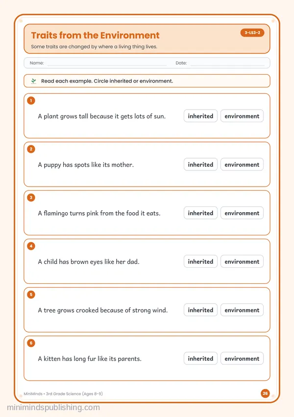 Traits from the Environment — free printable 3rd Grade worksheet