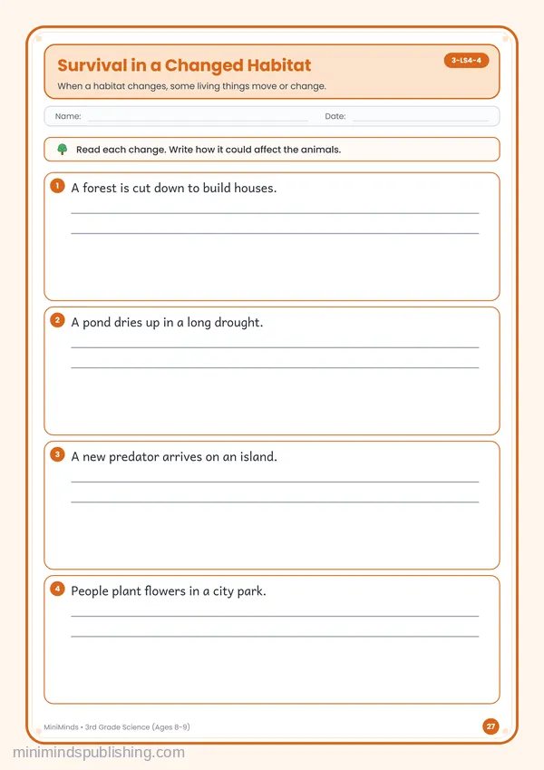 Survival in a Changed Habitat — free printable 3rd Grade worksheet