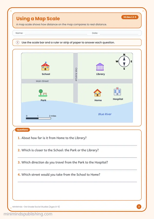 Using a Map Scale — free printable 3rd Grade worksheet